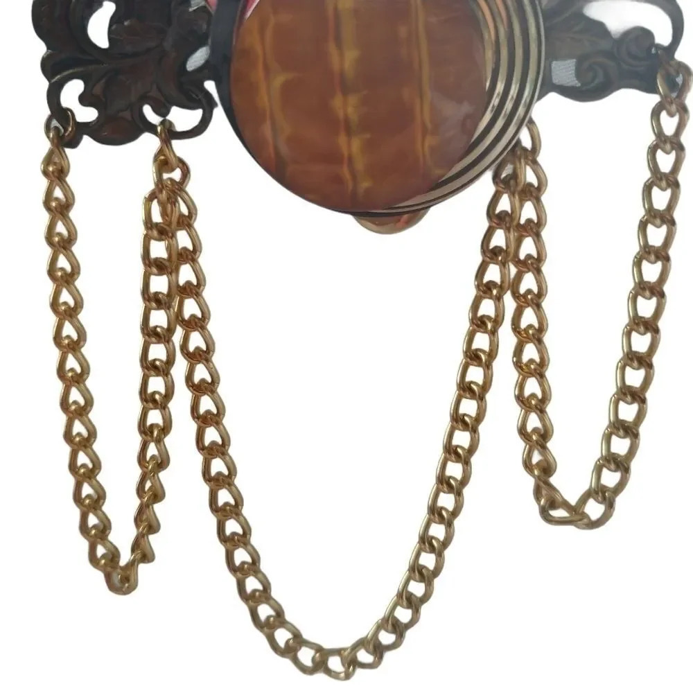 Art Deco  Style Pin, Gold, Amber Resin, Chains - Picture 3 of 4